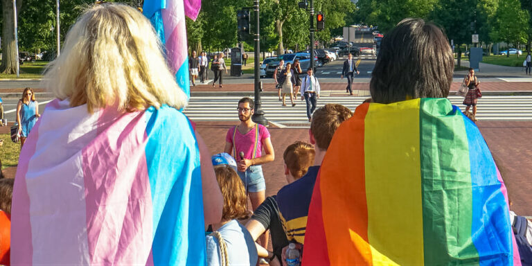 back of 2 adults wearing trans flag and rainbow flag and children