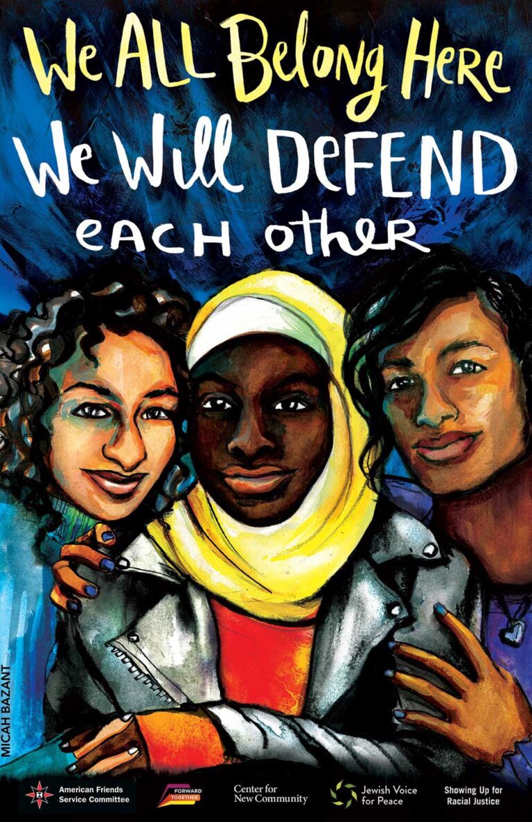 painting of 3 people by Micah Bazant, reads "We all belong here. We will defend each other."
