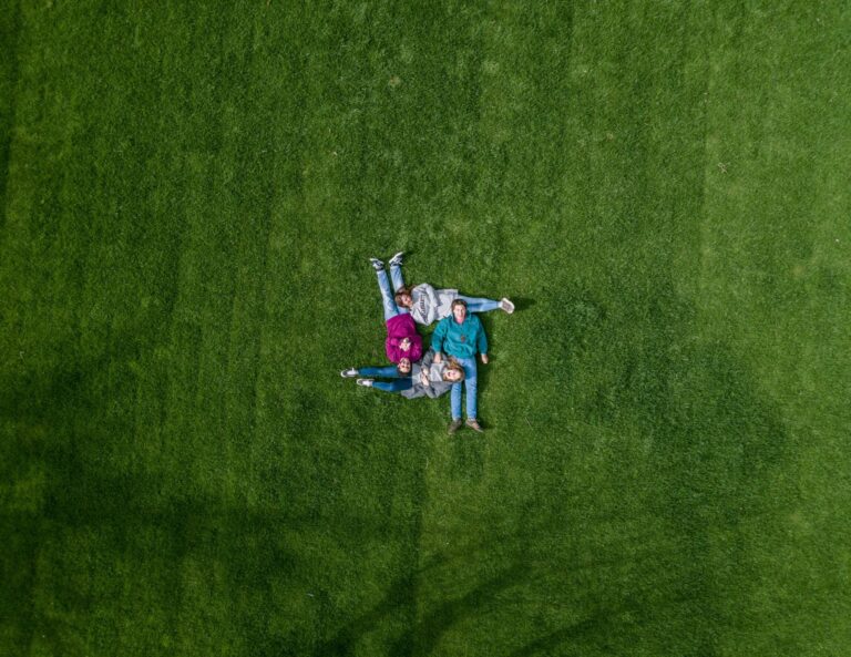 people lying on grass (photo from high above)