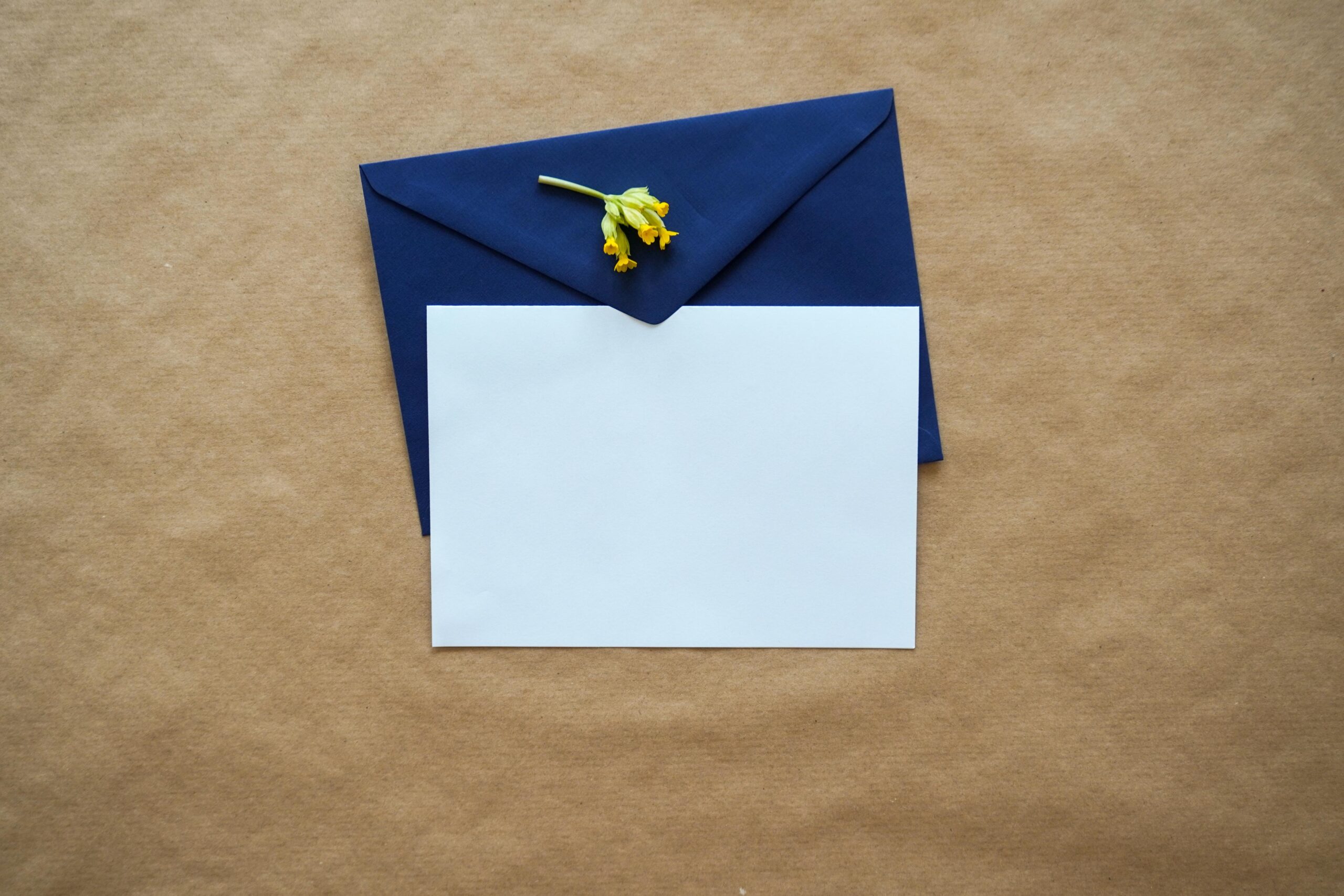 A white card with a blue envelope and a small yellow flower on a brown background.