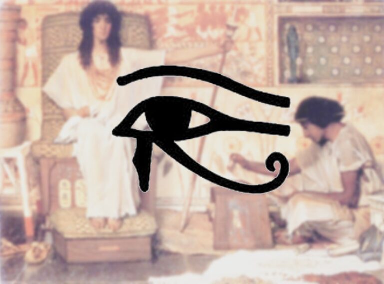 A person seated in an ancient setting with a large black Eye of Horus symbol overlay.