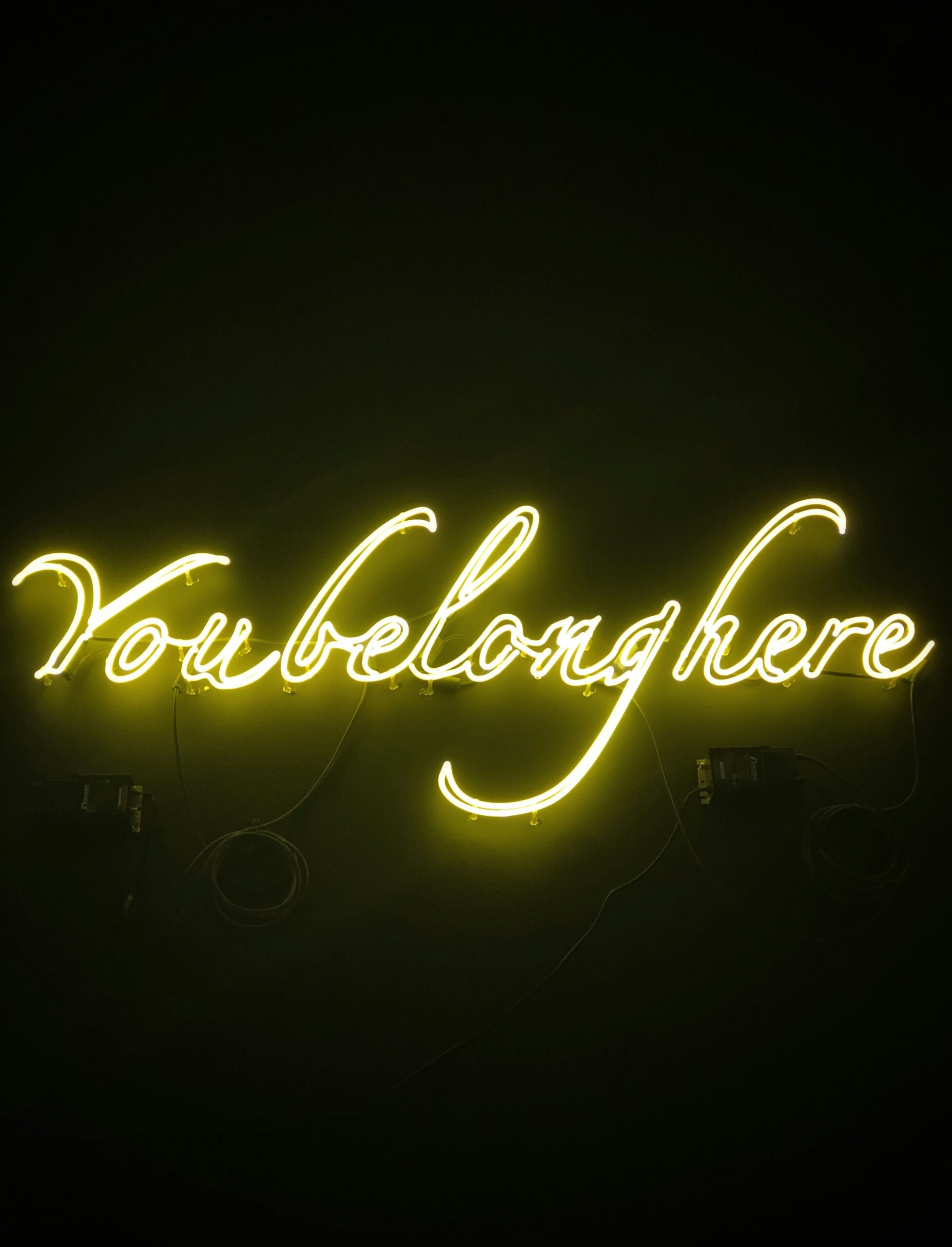 Neon sign in cursive script that reads You belong here glowing brightly against a dark background.