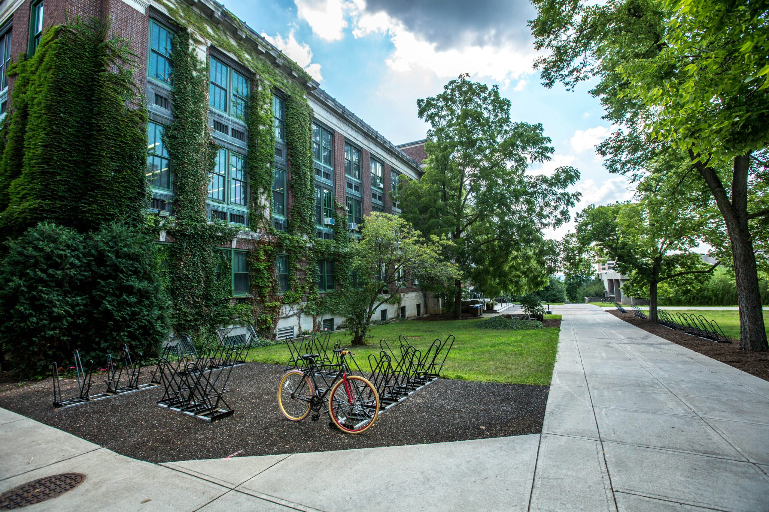 Brick building with ivy, bike racks, and a red bike. Sidewalk and trees in the foreground under a partly cloudy sky.