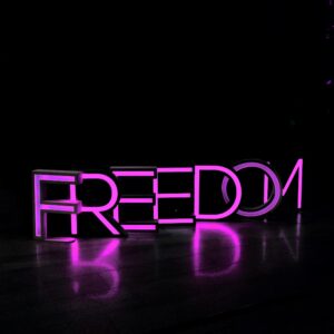 Neon sign spelling FREEDOM in pink, glowing against a dark background.