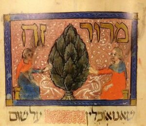 Medieval illustration of two figures seated by a tree, with Hebrew text above.
