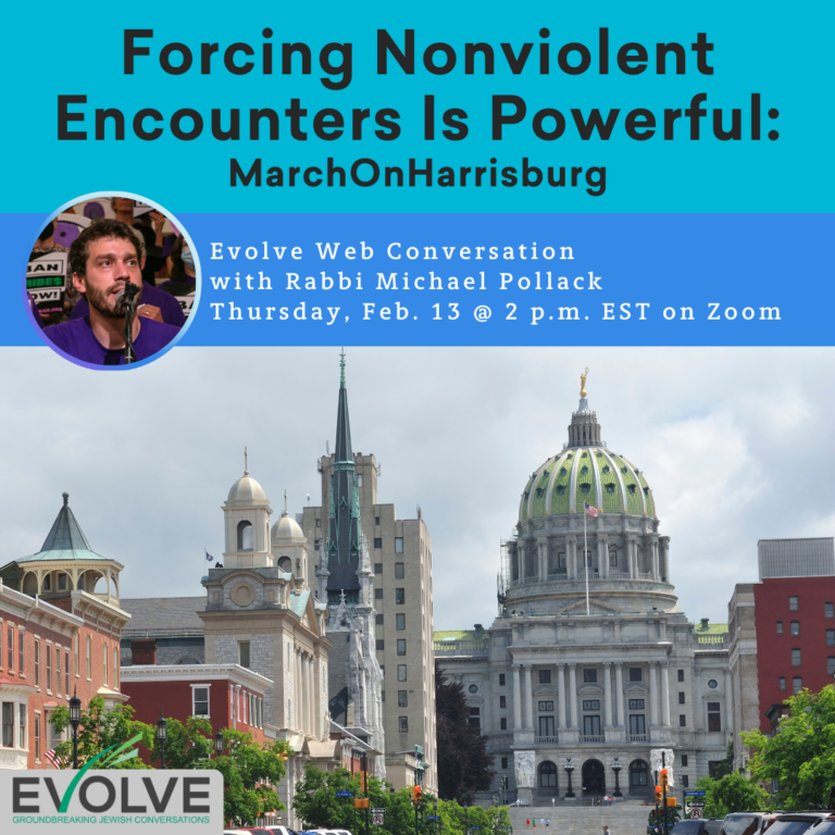 Webinar poster with a cityscape, speaker photo, and event details for a nonviolent activism discussion.