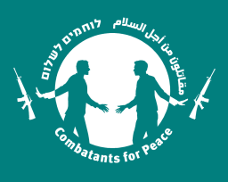 Silhouettes of two people with open arms, flanked by rifles, and text Combatants for Peace.