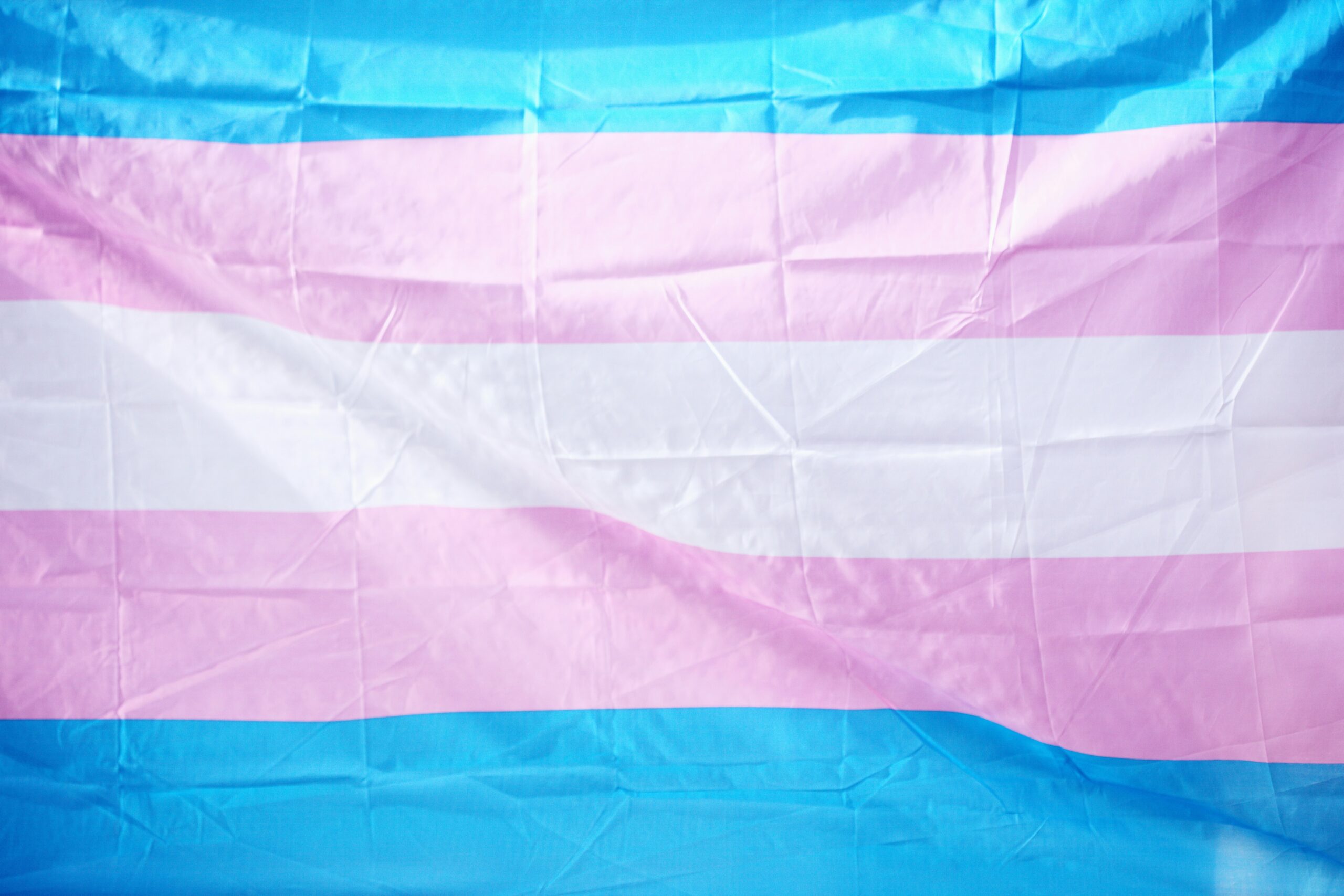 The transgender pride flag with blue, pink, and white stripes.