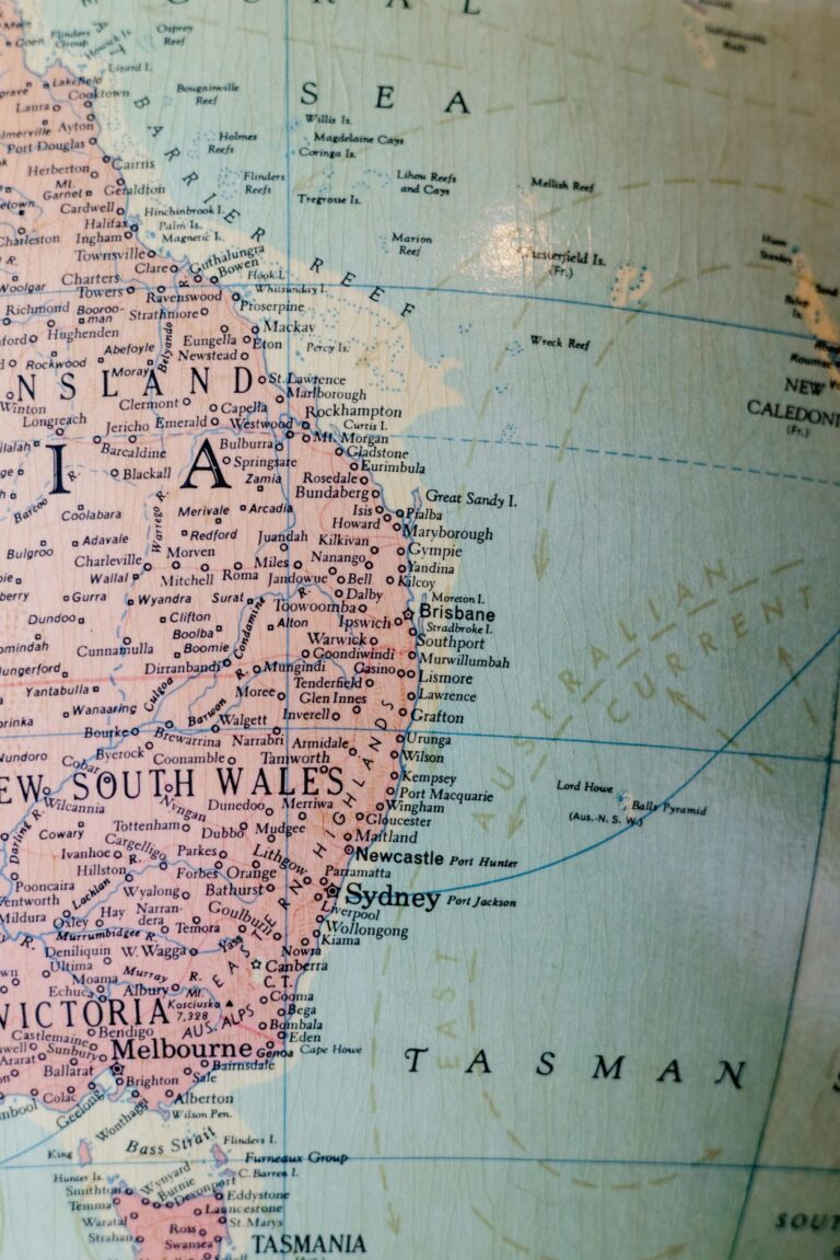 Close-up of a map showing eastern Australia, including Sydney, Melbourne, Brisbane, and the Coral Sea.