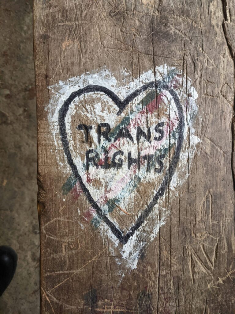 A heart with TRANS RIGHTS painted on a weathered wooden surface.