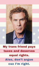 A serious man is pictured above text supporting equal rights for trans people, on a pastel stars and stripes background.