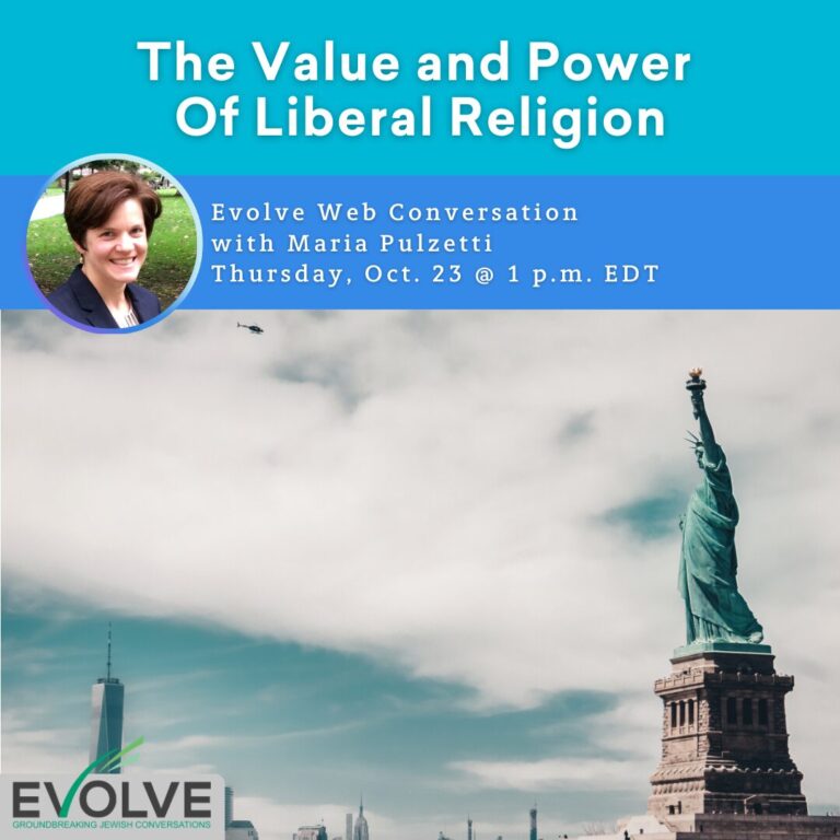 Banner for a web talk on liberal religion with Maria Pulzetti, featuring the Statue of Liberty and NYC skyline.
