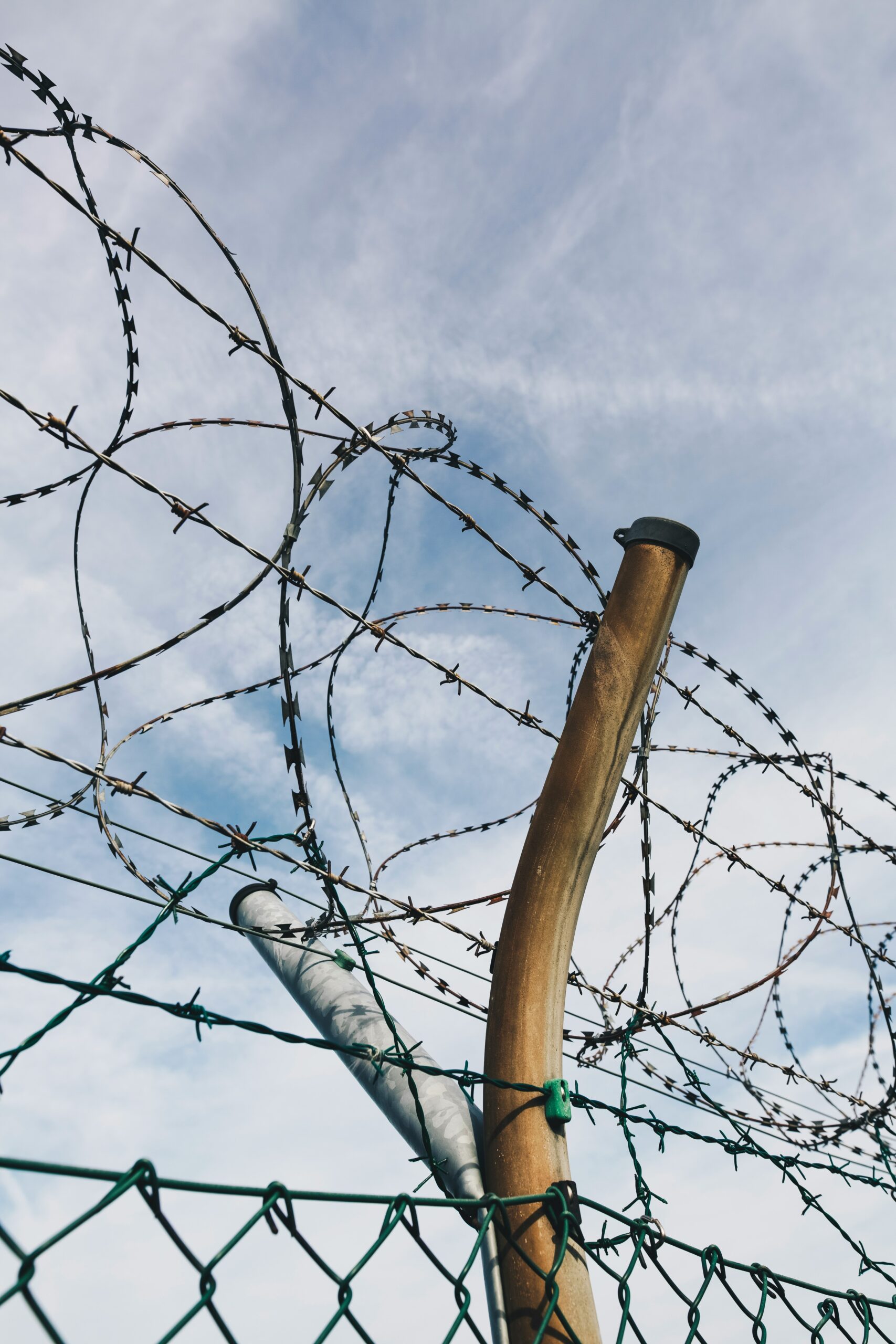 A barbed wire fence with a pole.