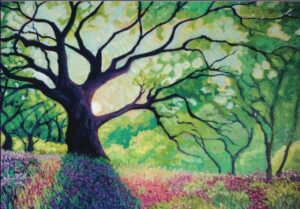 Colorful painting of a large tree with spreading branches, sunlight, and a field of purple and green plants.