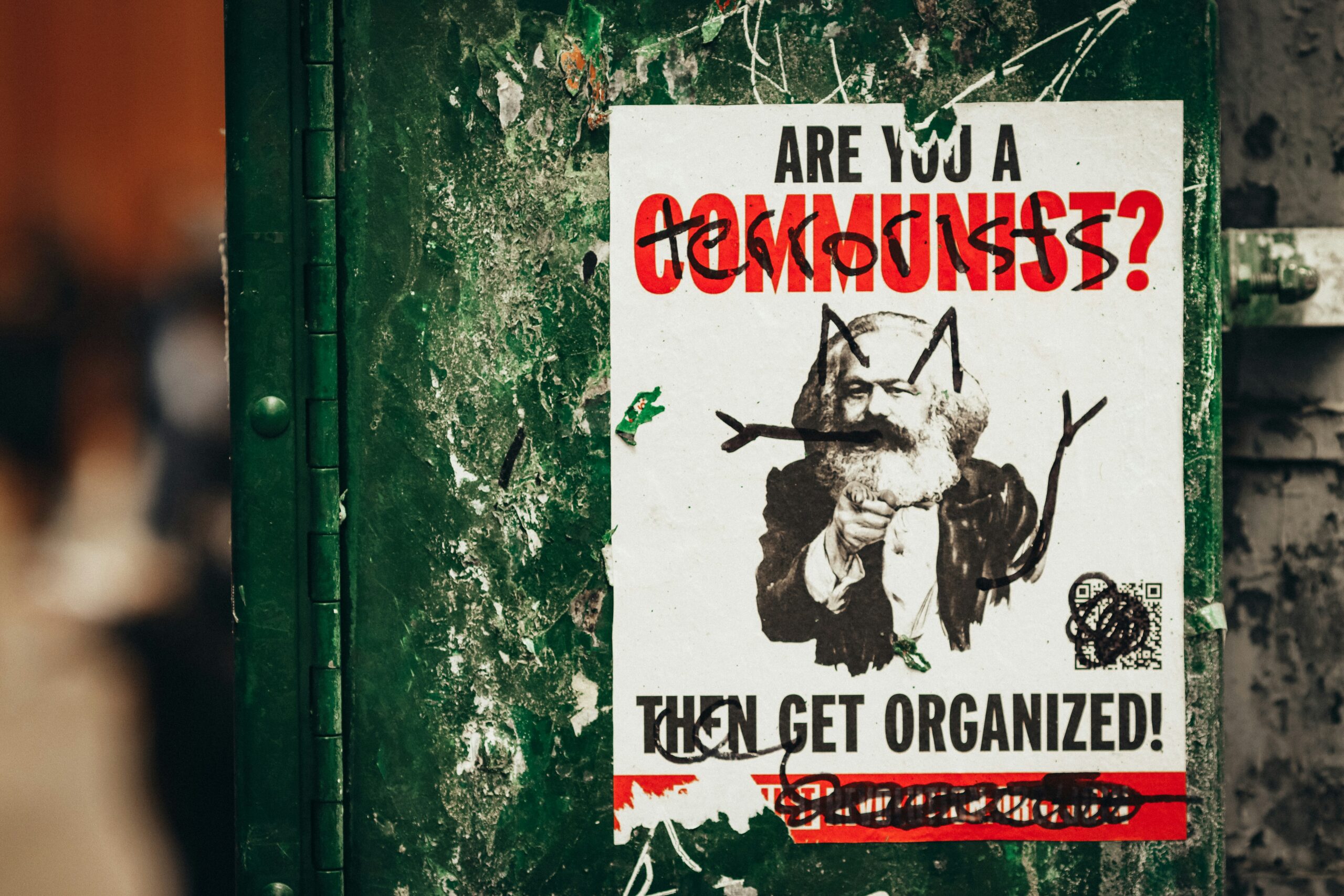 Poster of Karl Marx vandalized with cat ears and a mustache, reading Are you a Communist? Then get organized!.