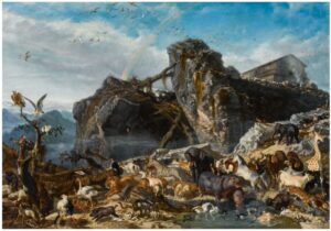 Various animals gather on rocky ground near an ark, with a rainbow and birds in the sky above.