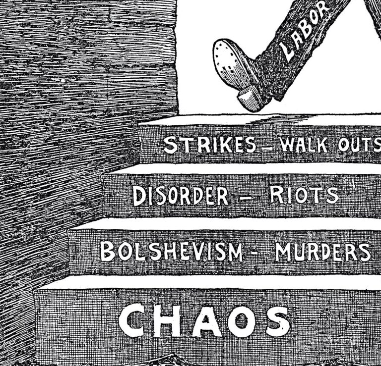 A foot labeled LABOR steps toward stairs marked with STRIKES, DISORDER, BOLSHEVISM, and CHAOS.