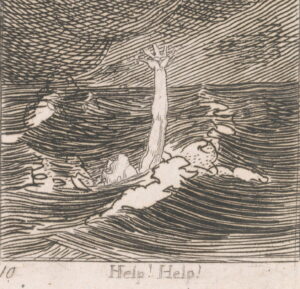 A person drowning reaches upward for help amid swirling waves under a dark, cloudy sky.