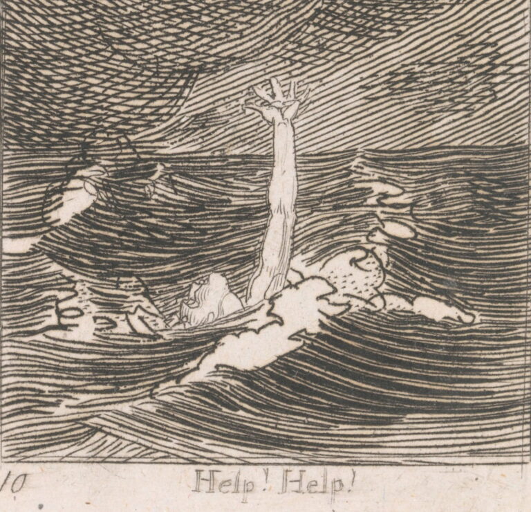 A person drowning reaches upward for help amid swirling waves under a dark, cloudy sky.