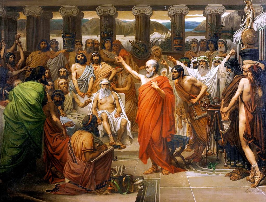 Ancient Greek men in robes debate passionately in a grand hall with columns and seated elders.