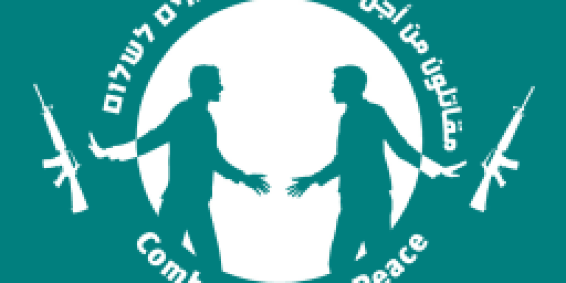 Silhouettes of two people with open arms, flanked by rifles, and text Combatants for Peace.