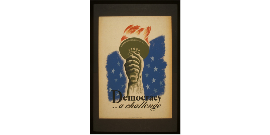 A hand holds the Statue of Liberty’s torch with stars behind and text: “Democracy… a challenge.”.