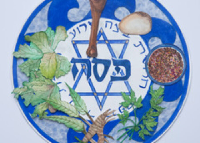 Illustrated Seder plate with symbolic foods and Hebrew text for Passover.