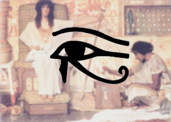 A person seated in an ancient setting with a large black Eye of Horus symbol overlay.