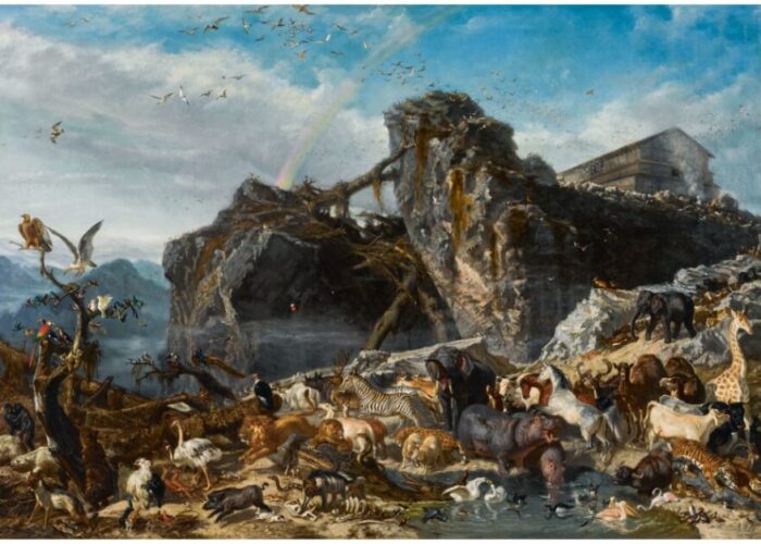 Various animals gather on rocky ground near an ark, with a rainbow and birds in the sky above.