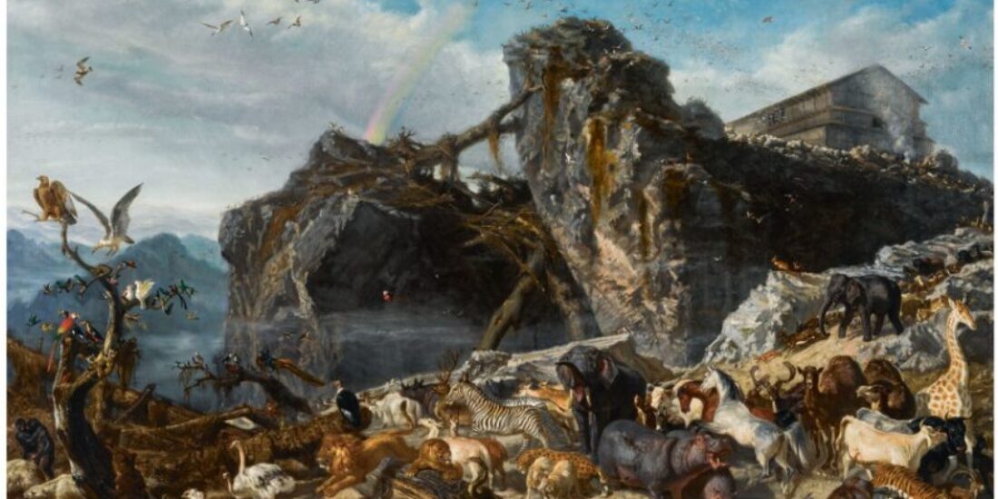 Various animals gather on rocky ground near an ark, with a rainbow and birds in the sky above.