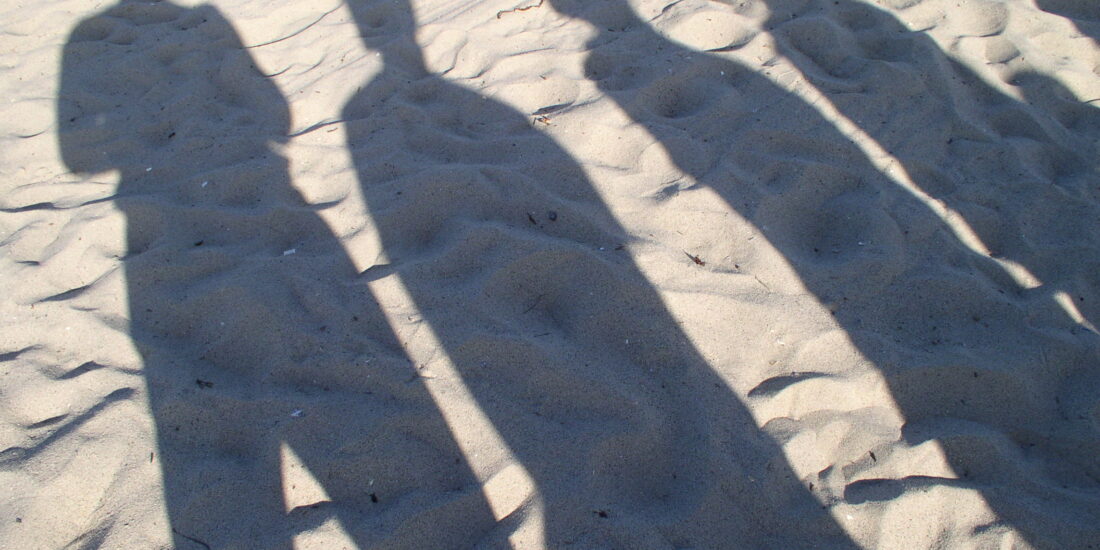 Shadows of four people standing on sandy ground in sunlight.