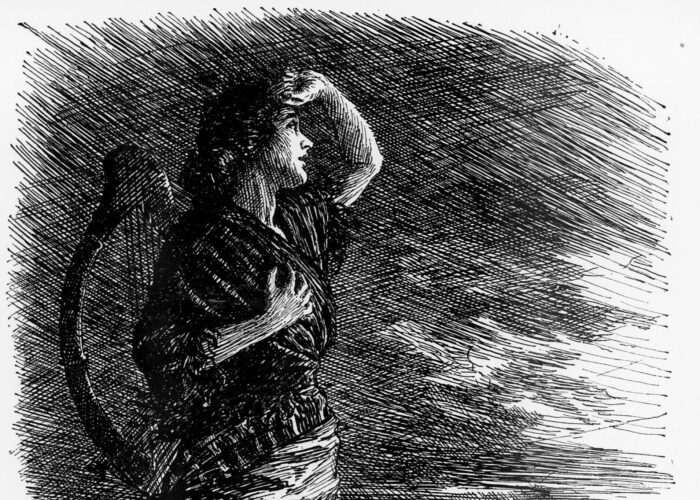 Black and white illustration of a woman standing on grass, gazing out over the sea at a cloudy sky.
