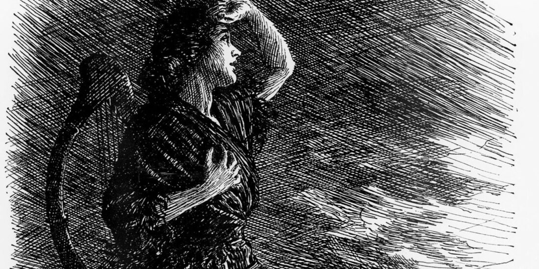 Black and white illustration of a woman standing on grass, gazing out over the sea at a cloudy sky.