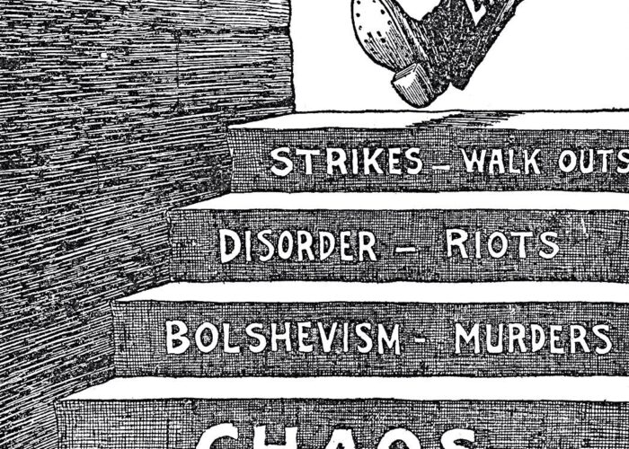 A foot labeled LABOR steps toward stairs marked with STRIKES, DISORDER, BOLSHEVISM, and CHAOS.