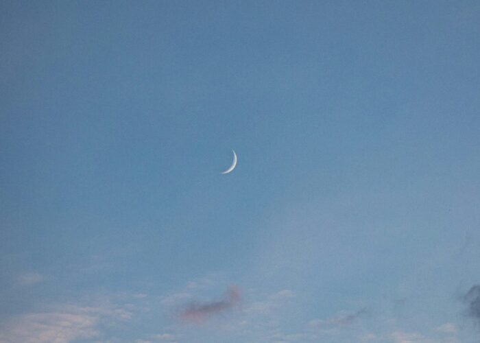 Crescent moon in a blue sky with pink clouds at sunset.