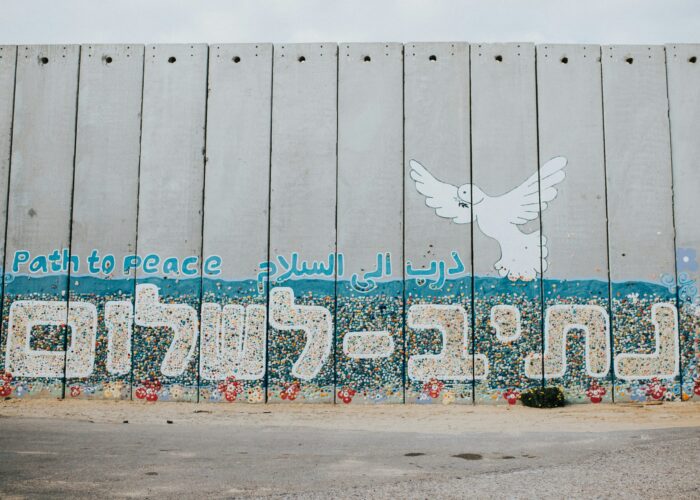 Graffiti on a wall with a white dove and the phrase Path to Peace in multiple languages.