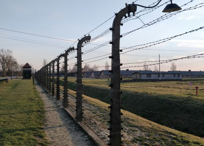 A barbed wire fence with a lamp, pathway, and guard tower along a grassy area under a clear sky.