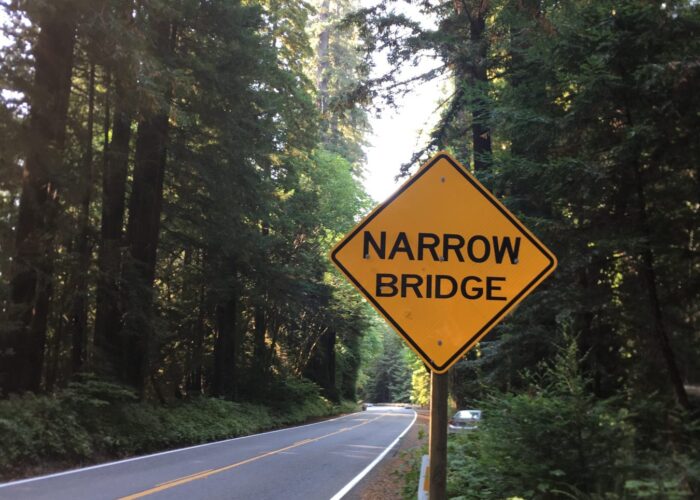 road between trees, sign reading "Narrow Bridge"