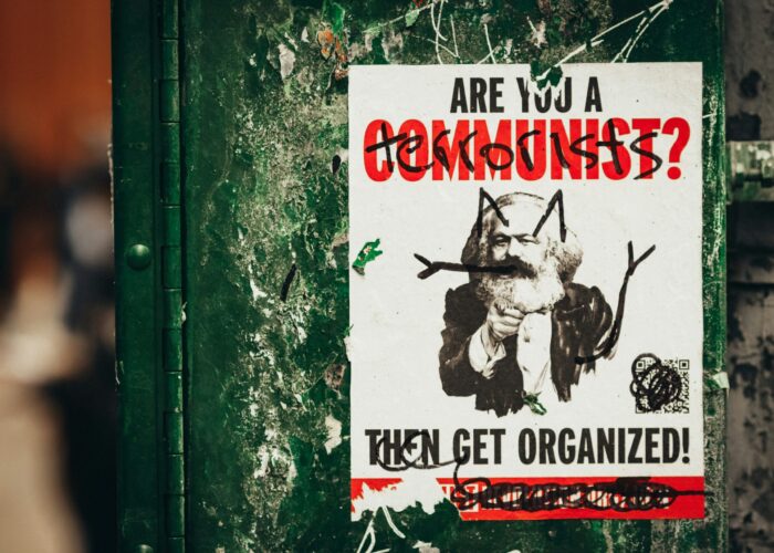 Poster of Karl Marx vandalized with cat ears and a mustache, reading Are you a Communist? Then get organized!.