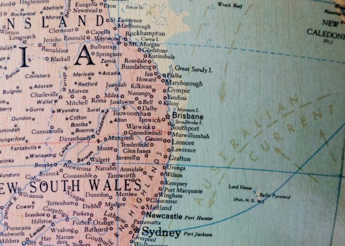 Close-up of a map showing eastern Australia, including Sydney, Melbourne, Brisbane, and the Coral Sea.