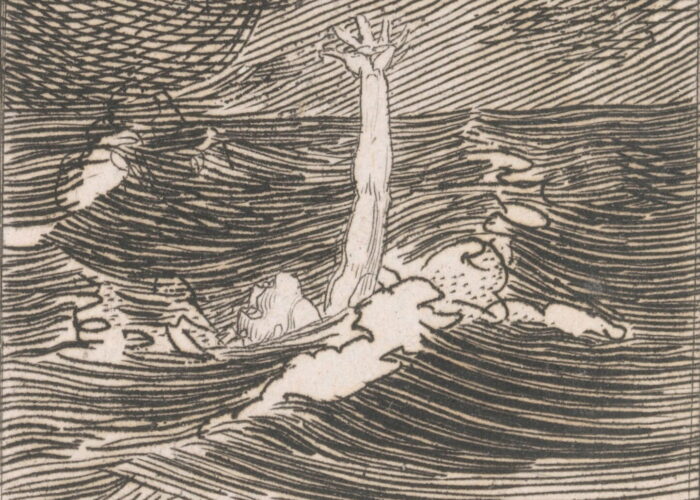 A person drowning reaches upward for help amid swirling waves under a dark, cloudy sky.