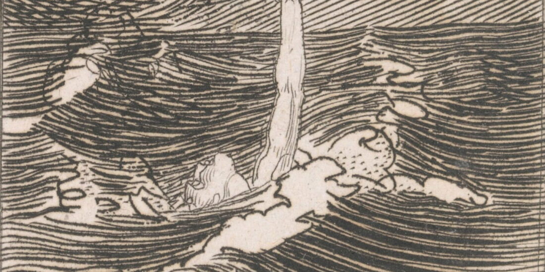 A person drowning reaches upward for help amid swirling waves under a dark, cloudy sky.