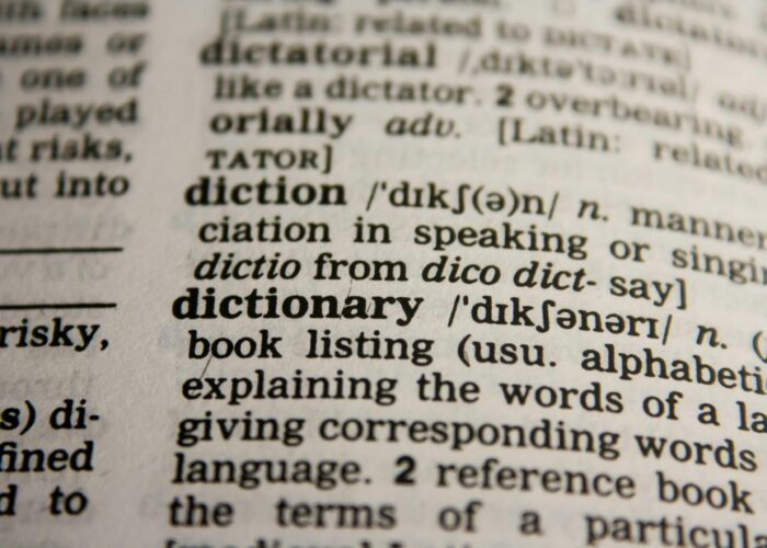 Close-up of a dictionary page showing the definition of the word dictionary.