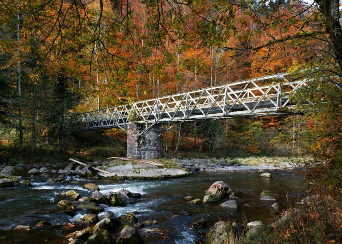 A metal bridge spans a rocky river in a forest with vibrant autumn foliage.