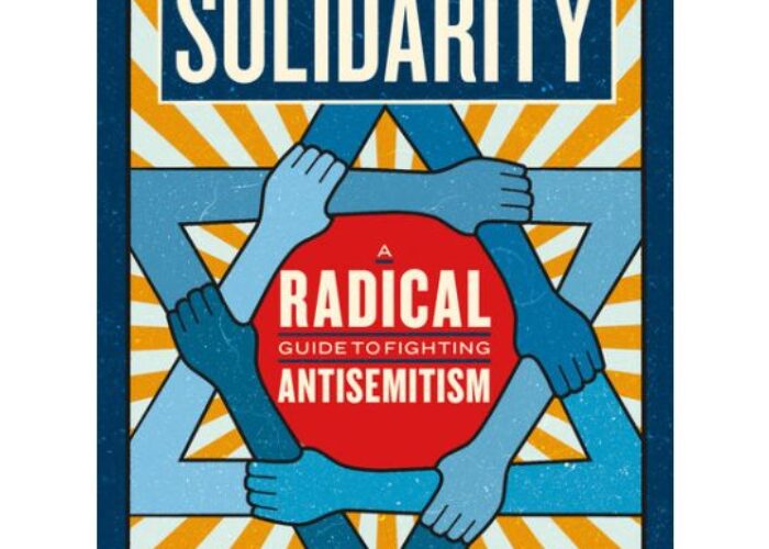 Book cover: Safety Through Solidarity with arms forming a Star of David, against an orange and blue sunburst background.