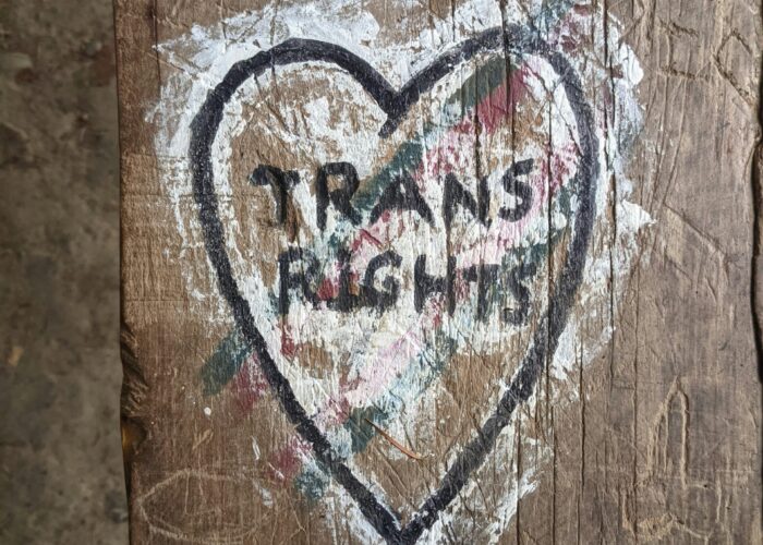 A heart with TRANS RIGHTS painted on a weathered wooden surface.