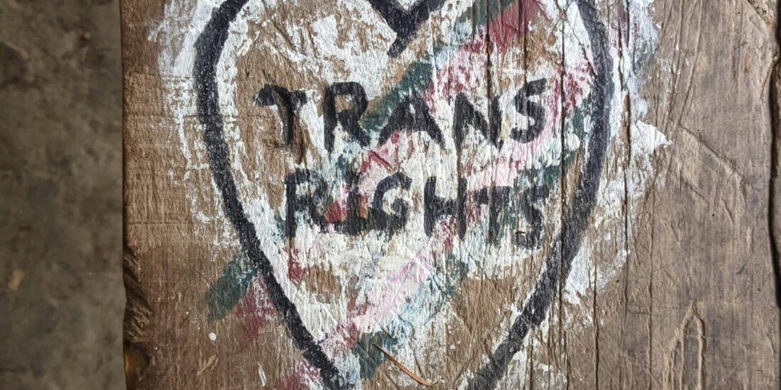 A heart with TRANS RIGHTS painted on a weathered wooden surface.