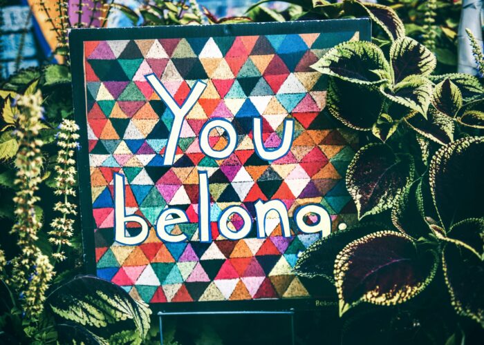 Sign with You belong on colorful triangles background, surrounded by greenery.